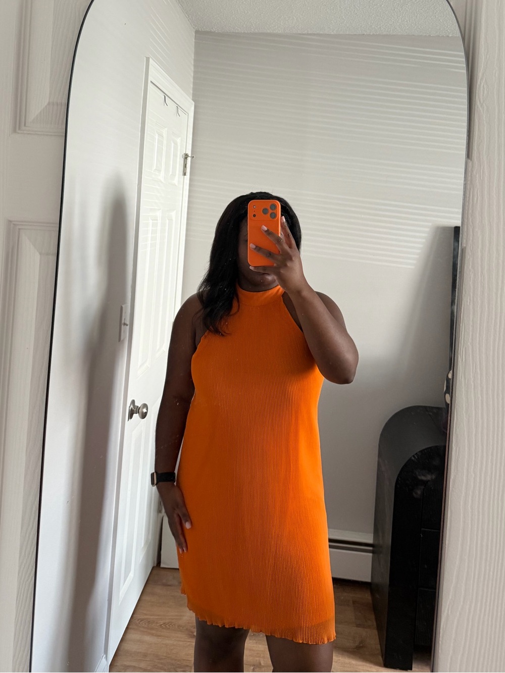 Japna Bright Orange Ribbed Halter Mini Dress